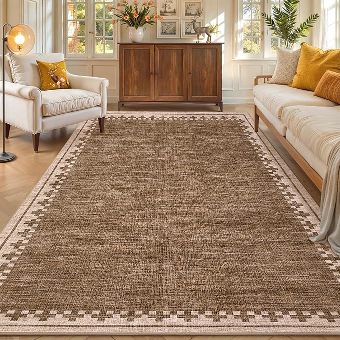 GarveeHome Modern10x13 Washable Bordered Area Rug for Living Room Bedroom Neutral Non Slip Stain Resistant Large Indoor Carpet Foldable Low Pile Dining Room Home Office Rugs, Brown