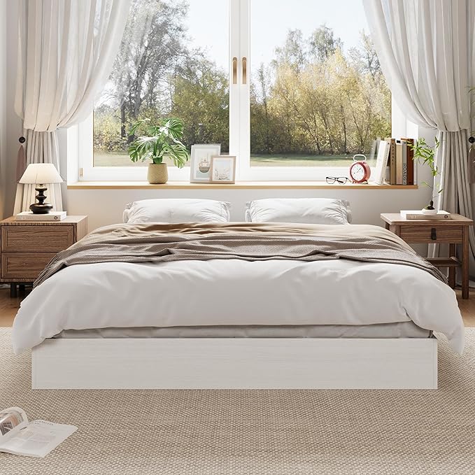 Queen Bed Frame, Wood Platform Bed with Sturdy Wooden Slats, Floor-Standing Bed Frame, Modern Minimalist Design, No Box Spring Needed, Easy Assembly, White