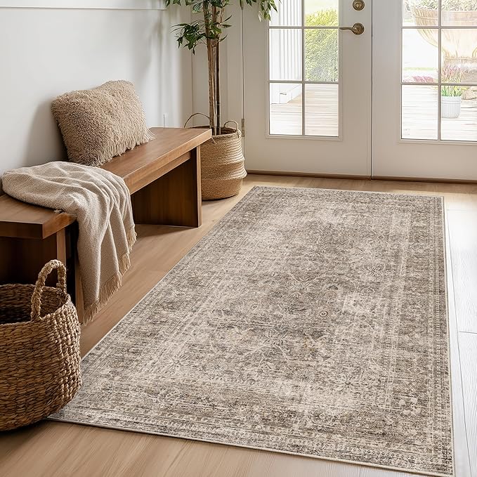 FMFUNCTEX 3x4 Washable Area Rug Taupe Vintage Neutral Non Slip Low Pile Traditional Retro Indoor Carpet for Entryway Entrance Soft Floral Throw Rug Living Room Bedroom Kitchen Dining Office Laundry
