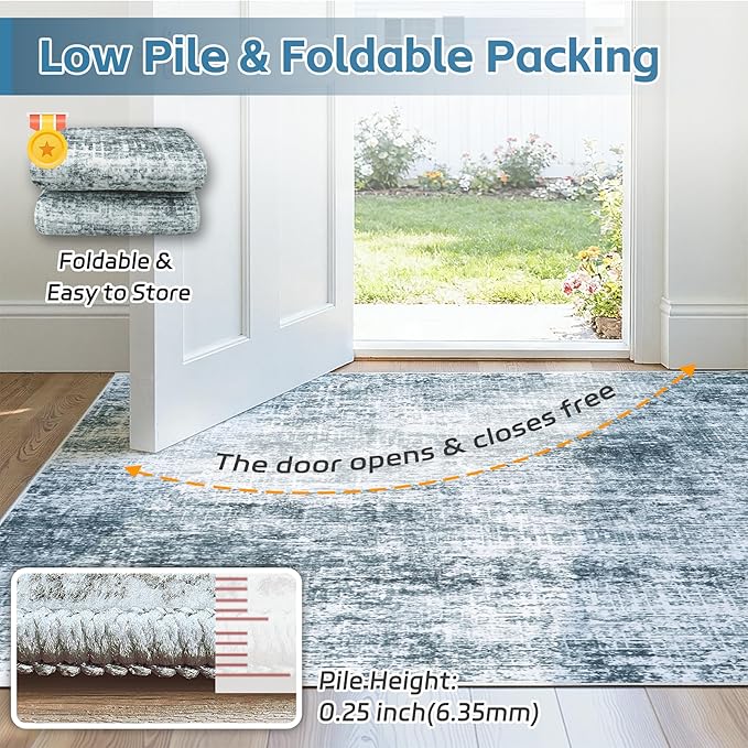 8x10 Area Rugs Washable Rug:Anti-Skid Abstract Modern Living Room Rug Soft Thin Carpets Indoor Floor Non-Shedding Carpet for Bedroom Dining Farmhouse Nursery Home Office(Light Slate Blue/White, 8x10)