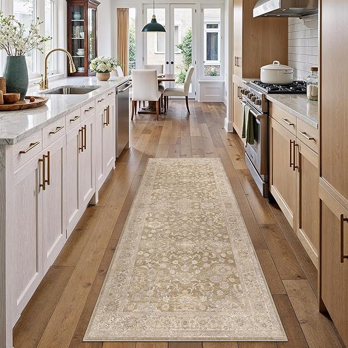 2x6 Taupe Washable Runner Rug for Living Room Bedroom Neutral Soft Floral Non Slip Runner Rug Lightweight Vintage Low Pile Distressed Runner Kitchen Hallway Porch Beside Bed Bathroom