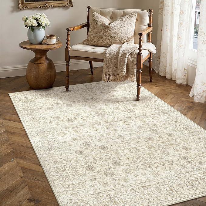 PureCozy Washable Rug 3x5, Entryway Indoor Non Slip Small Low Plie Thin Bedroom Kitchen Area Rugs Retro Accent Throw Office Vintage Carpet for Nursery Under Coffee Table Beige