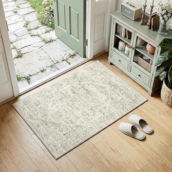 FMFUNCTEX Entryway Rug 2x3 Washable Green Neutral Vintage Distressed Oriental Door Mat Non Slip Low Pile Indoor Carpet Soft Retro Small Throw Area Rugs for Entry Way Entrance Bedroom Kitchen Bathroom