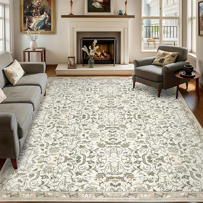 4×6 Washable Large Area Rugs for Living Room, Floral Soft Rug Non Slip Stain Resistant Carpet for Bedroom Dining Room Kitchen Farmhouse Home Decor，Beige Multi 061