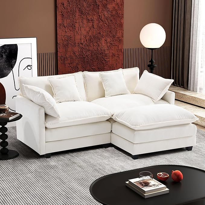 Ihanherry 77" L Shaped Modern Sofa Modular Sectional Cloud Couch with Ottoman, 3-Seat Chenille Deep Seat Sofa with Pillow for Living Room, Bedroom and Apartment, Beige