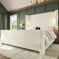 King Bed Frame with 56.7" Tall Headboard & Reading Lights, Corduroy Upholstered Wingback Platform Bed with Charging Station, Modern Retro Design, Noise Free, No Box Spring Required, Cream