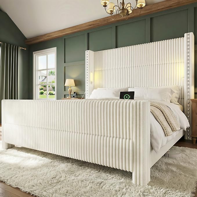 King Bed Frame with 56.7" Tall Headboard & Reading Lights, Corduroy Upholstered Wingback Platform Bed with Charging Station, Modern Retro Design, Noise Free, No Box Spring Required, Cream