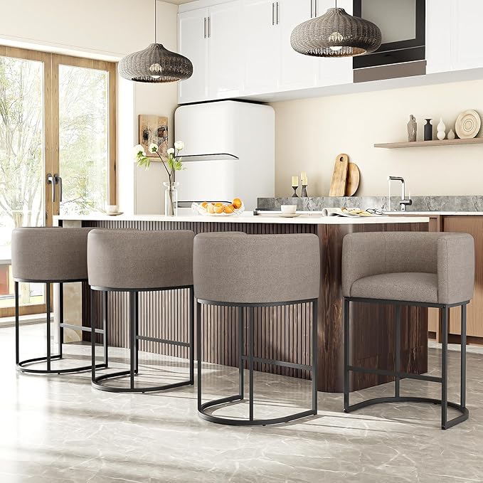 26" H Counter Height Bar Stools Set of 1, Modern Barrel Counter Stools with Backrest and Arms, Linen Fabric Upholstered Accent Barstools for Kitchen Island,Support 450 LBS (Sand)