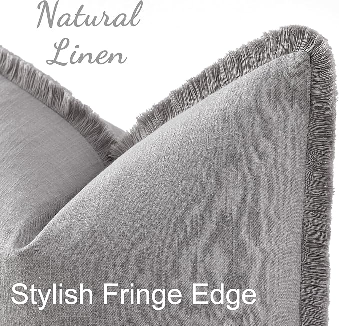 decorUhome Summer Decorative Neutral Linen Fringe Euro Sham Throw Pillow Covers Set of 2 Light Grey Pillow Covers with Tassels Soft Farmhouse Boho Accent Pillow Cases for Couch Bed Sofa 24x24 Inch