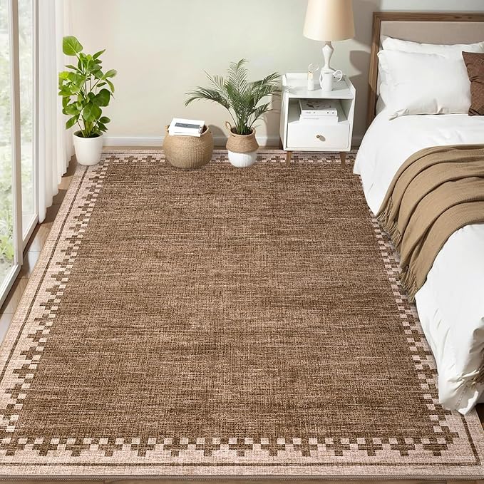 GarveeHome 9x12 Washable Bordered Area Rug for Living Room Bedroom Modern Non Slip Soft Low Pile Neutral Carpet Stain Resistant Bedroom Laundry Room Rugs Kid-Friendly&Pet-Friendly, Brown