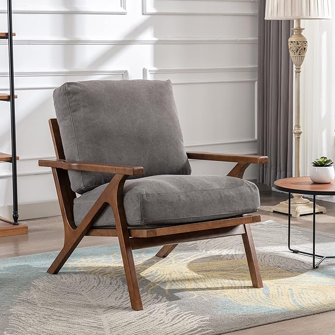 chairus Mid-Century Modern Accent Chair, Comfy Upholstered Lounge Armchair with Removable Cushions & Solid Wood Frame, Reading Chair for Living Room Bedroom Office, Grey Denim Fabric