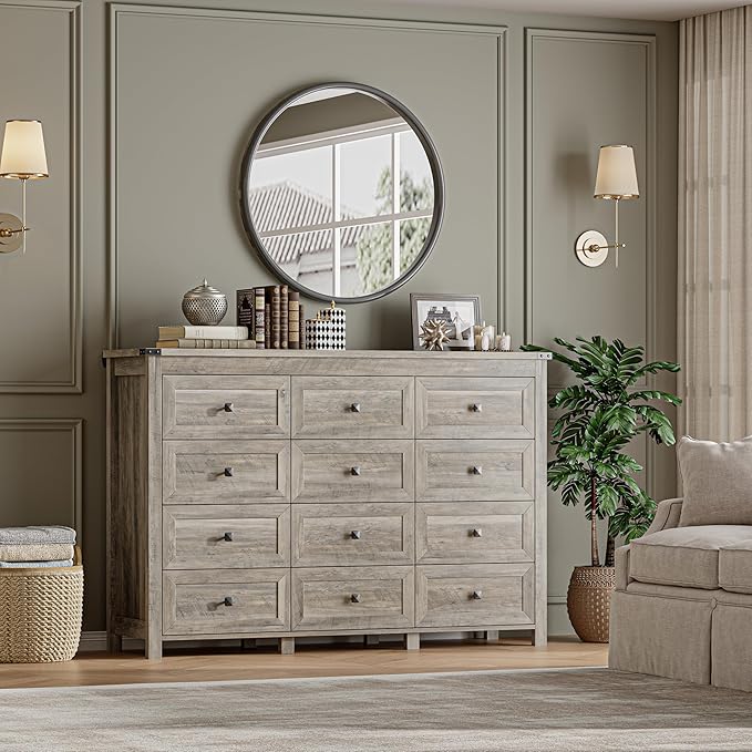 BORNOON 12-Drawer Dresser, Modern Wooden Storage Chest of Drawers, Dresser TV Stand, Wood Drawer Organizer with Metal Handles for Bedroom, Living Room, Hallway