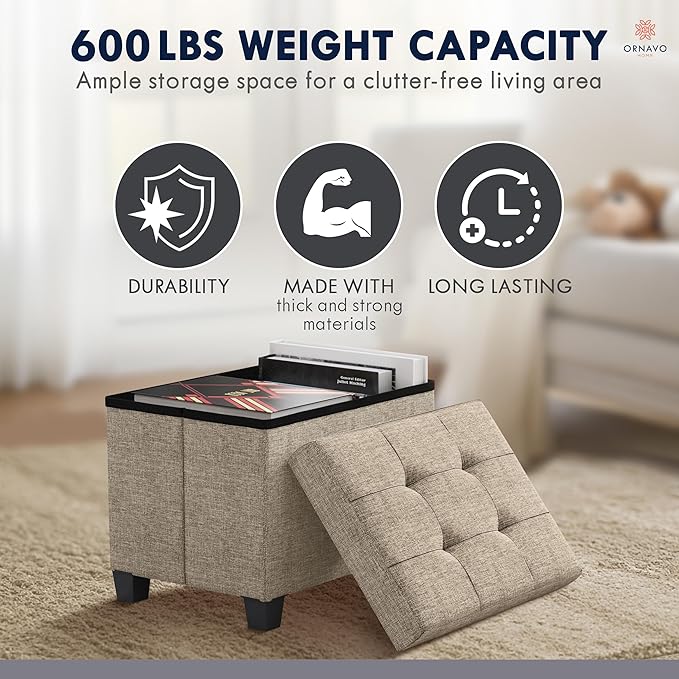 Ornavo Home Storage Ottoman Small Rectangle Ottoman with Legs, Foot Rest Stool Seat, Load up to 600 LB, for Living Room, Bedroom, Home Office, Dorm - 12 x 16 x 12, Tan