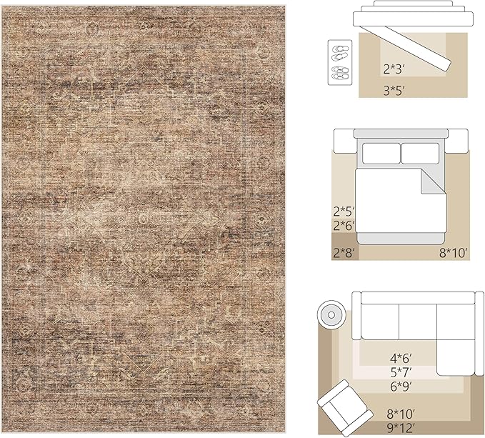 FMFUNCTEX 9x12 Washable Area Rug Terracotta Vintage Neutral Distressed Oriental Large Non Slip Carpet for Living Room Bedroom Soft Low Pile Indoor Mat Retro Rug for Dining Room Kitchen Office Nursery