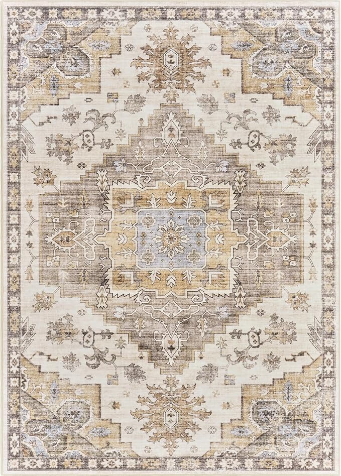 befbee 5x7 Area Rugs for Living Room, Stain Resistant Neutral Washable Rugs for Dining Rooms, Floral Vintage Non-Slip Thin Large Size Area Rug(Brown)
