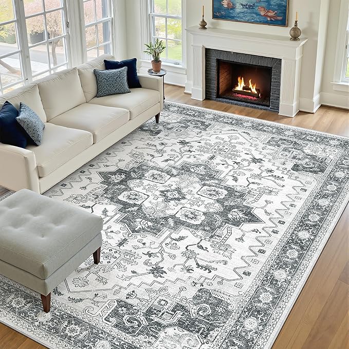 Washable 6x9 Area Rug,Vintage Floral Area Rugs with Non Slip Backing Stain Resistant Grey Carpet for Bedroom Dining Room Indoor Soft Carpets Home Decor(6x9,Grey)