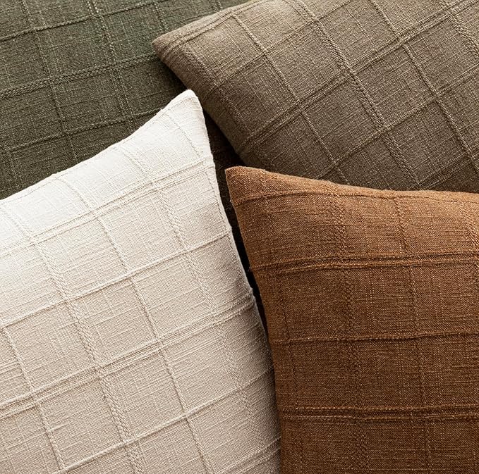 Foindtower Set of 2 Decorative Linen Check Throw Pillow Covers Neutral Farmhouse Vintage Cushion Covers Modern Boho Home Decor for Sofa Chair Couch Bedroom Living Room,18×18 Inch,Light Brown