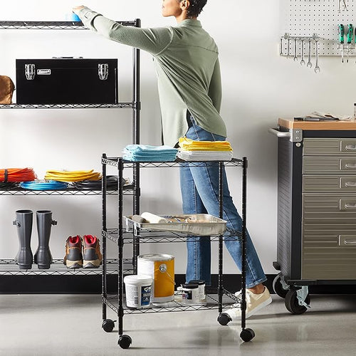 Amazon Basics 3-Shelf Adjustable Heavy Duty Storage Shelving Unit on 2" Wheels, Metal Wire Rack for Garage, Utility Shelving with Leveling Feet, 23.2"L x 13.4"W x 32.75"H, Black