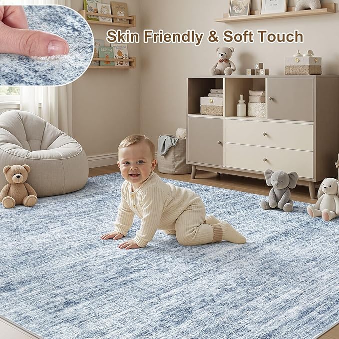cotiled Large Area Rugs for Living Room 5x7, Machine Washable Rugs with Non Slip Backing Modern Neutral Abstract Rugs Stain Resistant Distressed Carpets for Home Office Decor (5x7 Blue)
