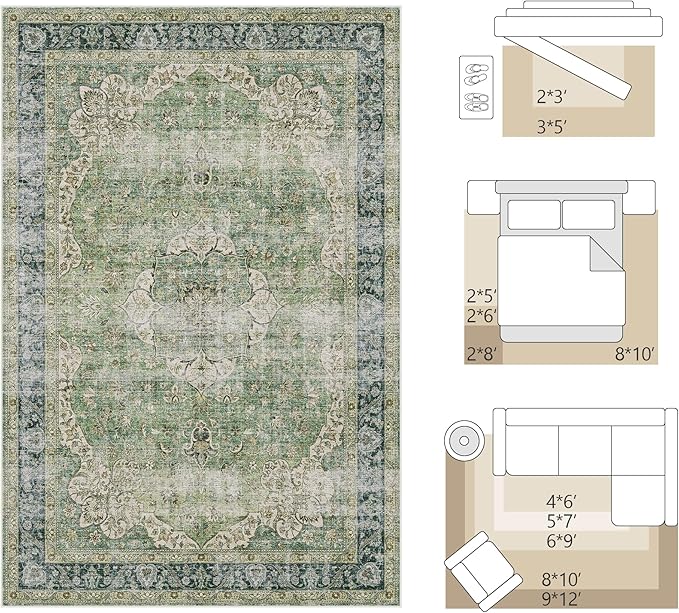 FMFUNCTEX 6x9 Green Washable Area Rug Vintage Distressed Oriental Non Slip Low Pile Neutral Indoor Carpet for Living Room Bedroom Soft Retro Floral Thin Large Rug for Dining Nursery Office Dorm
