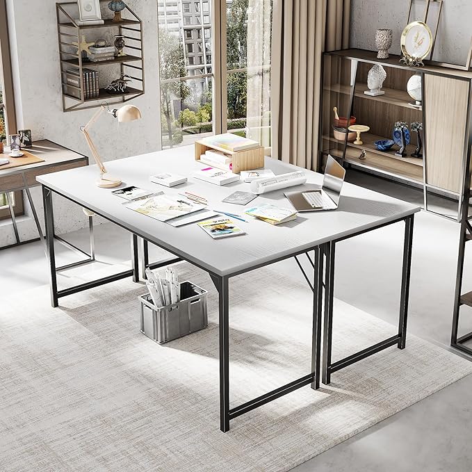 DUMOS 63 Inch Computer Desk for Home Office, Modern Study Work Table Simple Style for Bedroom, Large Writing Desks with Triangular Reinforcement, Wood White