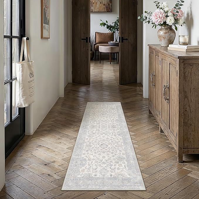 2x6 Blue Washable Runner Rug for Living Room Bedroom Neutral Soft Floral Non Slip Runner Rug Lightweight Vintage Low Pile Distressed Runner Kitchen Hallway Porch Beside Bed Bathroom