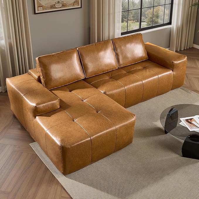 ovios 106" Cloud Boneless Couch with L-Shape Chaise,Modern Sectional Modular Sofa with Deep Seat, Upholstered Couches for Living Room Bedroom,No Assembly Required, Brown