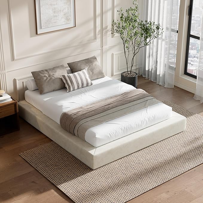RECCI AirFrame Queen Bed Frame, Cloud Upholstered Platform Bed Frame, 5 Inch Fully Boxy Foam Cushioned, Square Shape Base, No Box Spring Needed, Easy Assembly | Beige Chenille, Soft Low-Profile