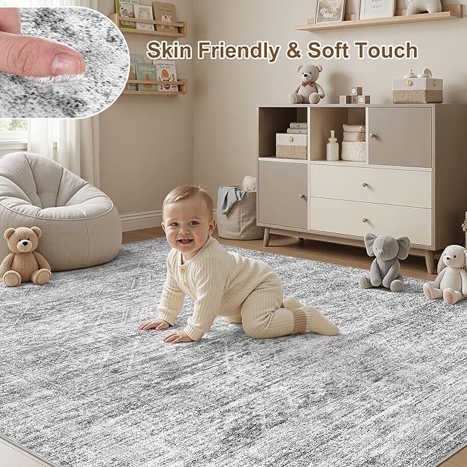 cotiled Large Area Rugs for Living Room, Machine Washable Rugs with Non Slip Backing Modern Neutral Abstract Rugs Stain Resistant Distressed Carpets for Home Office Decor (4x6 Dark Grey)
