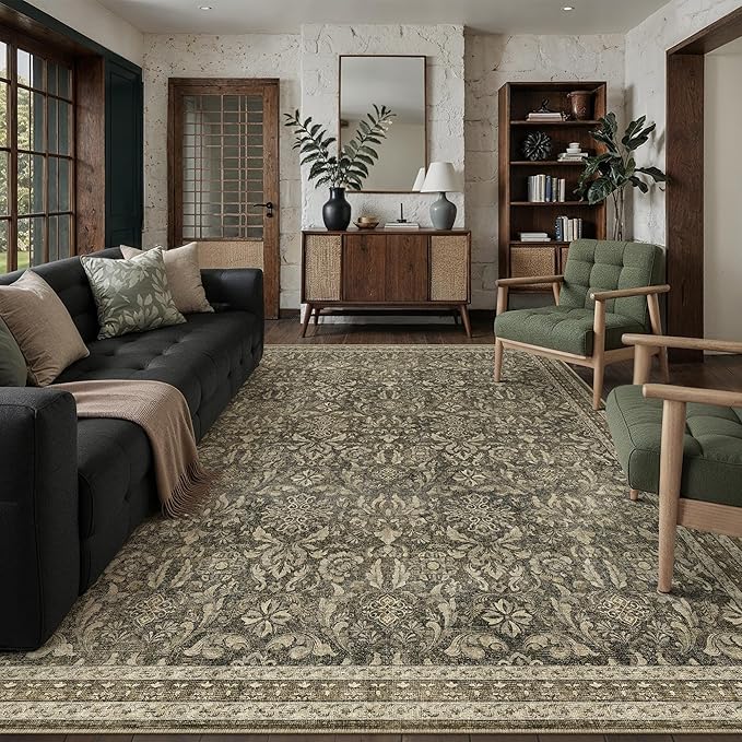 PureCozy Brown 8x10 Area Rug Washable Vintage Living Room Bedroom Carpet Indoor Large Non Slip Soft Low Pile Thin Rug Retro Accent Throw Office Dining Room