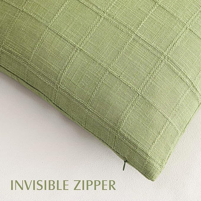 Foindtower Set of 2 Decorative Linen Check Throw Pillow Covers Neutral Farmhouse Vintage Cushion Covers Modern Boho Accent Home Decor for Sofa Chair Couch Bedroom Living Room,26×26 Inch,Light Green