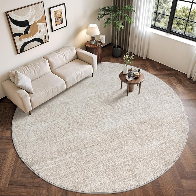 Valenrug Washable Round Area Rugs 8x8 - Stain Resistant 8ft Round Rugs for Living Room, Non Slip Backing Printed Rugs for Bedroom, Folable Machine Washable Area Rug (8ft, Beige)