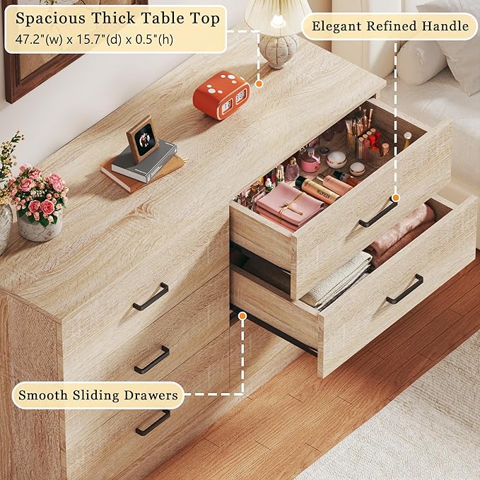 Dresser for Bedroom with 6 Drawers, Wooden Dresser with Metal Handles, Mid Century Modern Bedroom Dressers, Large Storage Organizer for Entryway, Light Oak