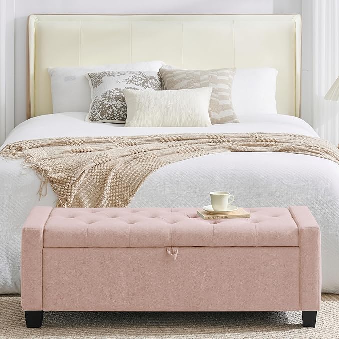 Huatean Home 43" Ottoman with Storage, Pink Storage Ottoman Bench with Safety Hinge, Upholstered Entryway Bench with Seating for Bedroom, Living Room, Holds up to 330 lb