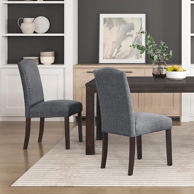 Lexicon Upholstered Dining Chairs Set of 2 - Soft Durable Fabric Armless Arched Back Kitchen Modern Dining Room Chairs for 2, Nailhead Trim Side, Brown Sturdy Wooden Frame, Easy Assembly, Gray