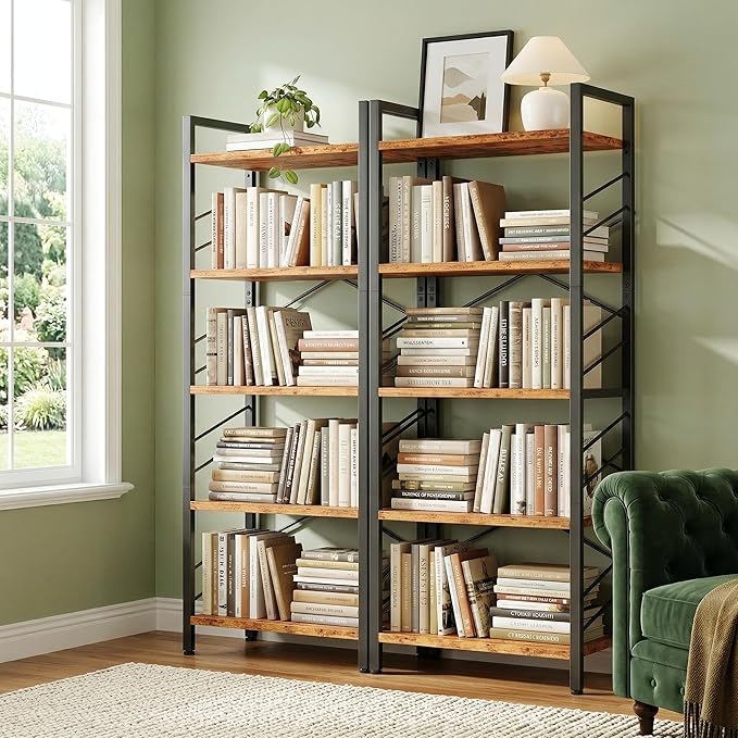 DurayLoly 2 Pieces Book Shelf, 5 Tier Tall Bookshelf with Metal Frame and Sidebars, Modern Bookcase for Bedroom, Home Office and Living Room, Rustic Brown