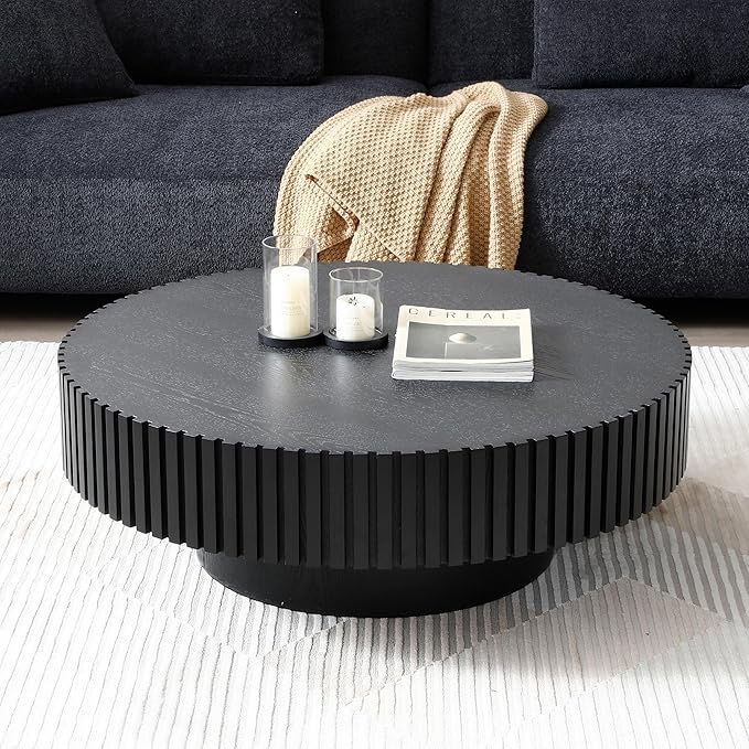 31.49" Round Coffee Table Wood, Modern Circle Drum Fluted Coffee Table for Living Room, Contemporary Low Center Tea Table Side Table for Small Apartment, Farmhouse, Office, Mesa De Cafe, Black