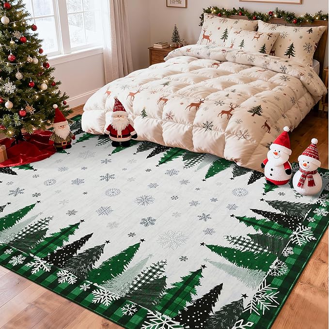 Garvee Christmas Bedroom Rugs 5x7 Winter Holiday Rugs Mats, Stain-Resistant Xmas Tree Snowflake Accent Carpet, Washable Plaid Indoor Rug, Easy to Clean, for Nursery, Kitchen, Green