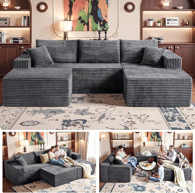 Grey Sectional Couch with Ottoman, 108" Cloud Modular Couch for Living Room, Modern U-Shaped Sofa, No Assembly Required - Plush Corduroy Fabric & Deep Seat Comfort (Left Facing Chaise)