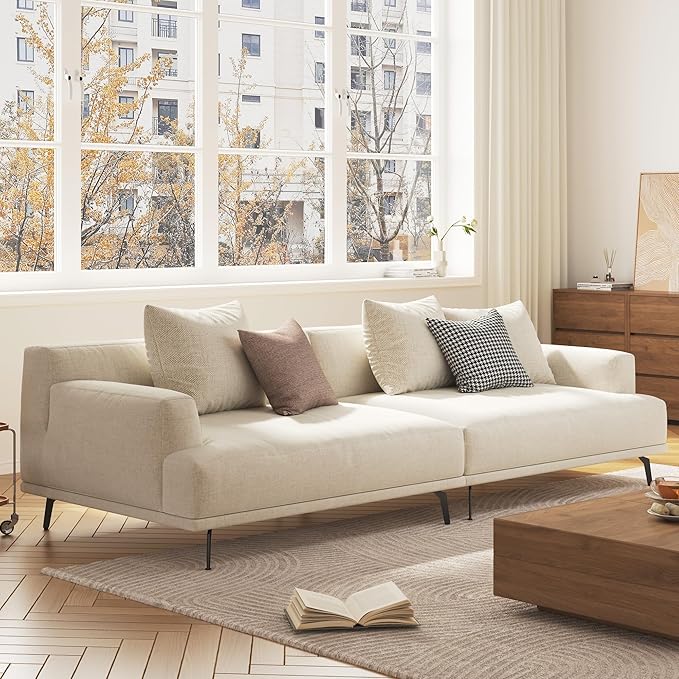 4-Seater Living Room Sofa - Modern Leisure Modular Sofa with Wooden Frame and Metal Legs, Soft Cotton-Linen Fabric, Easy to Install, Suitable for Office, Apartment, and Living Room, Grey, 110.2"
