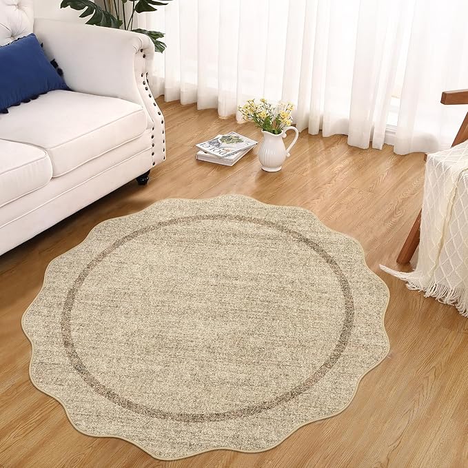 GarveeHome Scalloped Round Area Rugs, Washable Small Round Rug 3ft Non-Slip, Soft Boho Ultra-Thin Circle Low Pile Stain Resistant Carpet for Bedroom Entryway Kitchen Laundry Bathroom, Jute Color