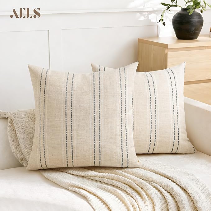 AELS 20x20 Decorative Farmhouse Linen Blend Throw Pillow Covers, Boho Textured Pillow Case, Set of 2, Beige with White & Gray Stitch Yarn Dyed Stripe Cushion Cover for Sofa Living Room (Cover ONLY)