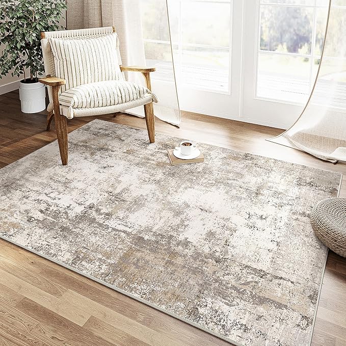 3x5 Washable Area Rug Brown Grey Abstract Non Slip Soft Low Pile Rug for Entryway Kitchen Bathroom Neutral Modern Throw Carpet for Living Room Bedroom Home Decor