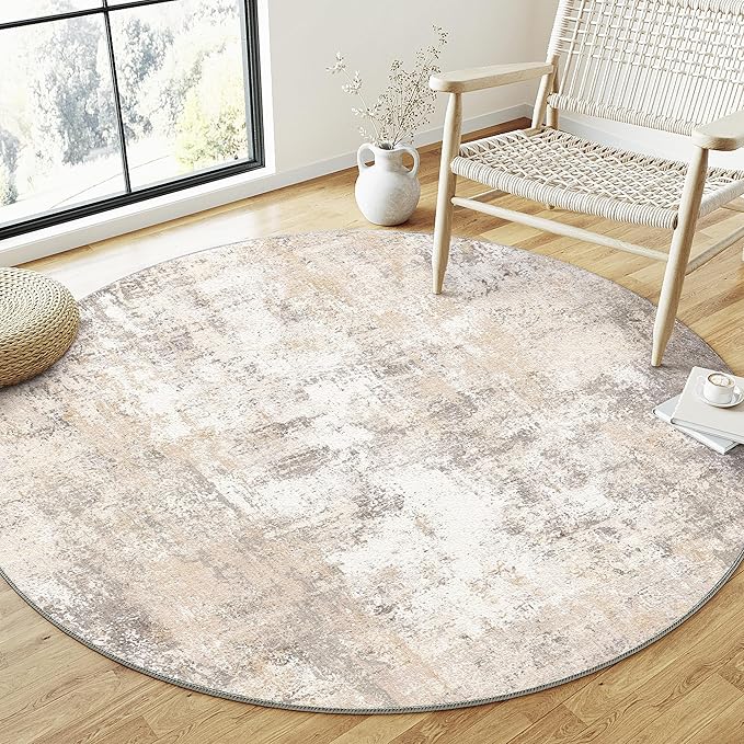 5x5 Washable Round Rug Beige Grey Abstract Non Slip Soft Low Pile Circle Rug for Living Room Bedroom Neutral Modern Indoor Carpet for Dining Room Office Entryway Home Decor