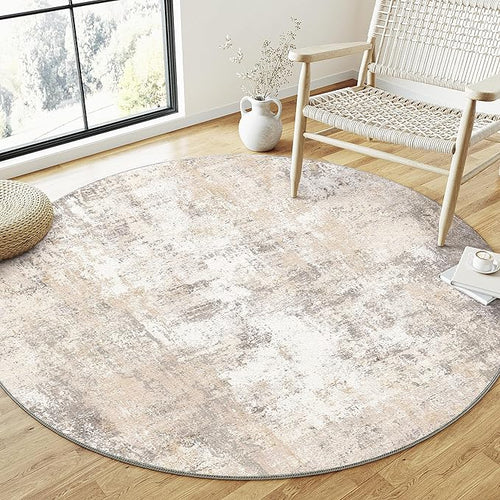 5x5 Washable Round Rug Beige Grey Abstract Non Slip Soft Low Pile Circle Rug for Living Room Bedroom Neutral Modern Indoor Carpet for Dining Room Office Entryway Home Decor