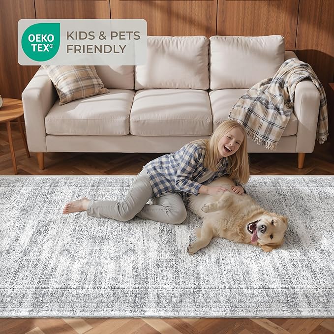 2x5 Rug Runner Washable for Entryway, Soft Bathroom Rugs with Non-Slip Backing, Abstract Low Pile Hallway Runner, Vintage Small Kitchen Carpet for Stair, Laundry Room(2'x5', Grey/Ivory)