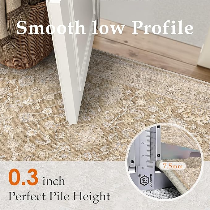 6x9 Taupe Washable Area Rug for Living Room Bedroom Neutral Soft Floral Non Slip Large Throw Rug Lightweight Vintage Low Pile Distressed Carpet Office Playroom Home Decor