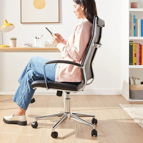 Amazon Basics High-Back Swivel Office Chair with Lumbar Support, Ergonomic Ribbed Faux Leather, Adjustable Height, 45.25" x 24.75" x 23.25", Black