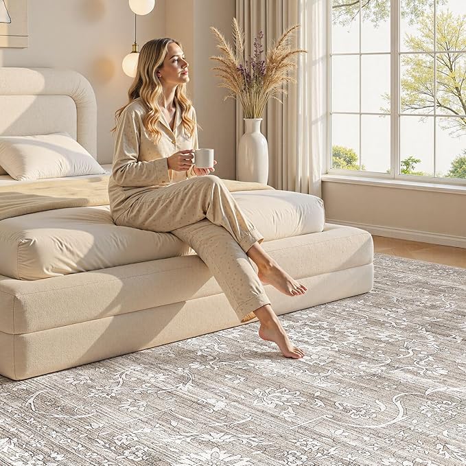 7x9 Area Rug Living Room: Washable Large Vintage Grey Rug Neutral Non-Slip Soft Stain Resistant Indoor Carpet for Bedroom Nursery Dining Room Under Table Bed Home House Office Playroom - Light Brown