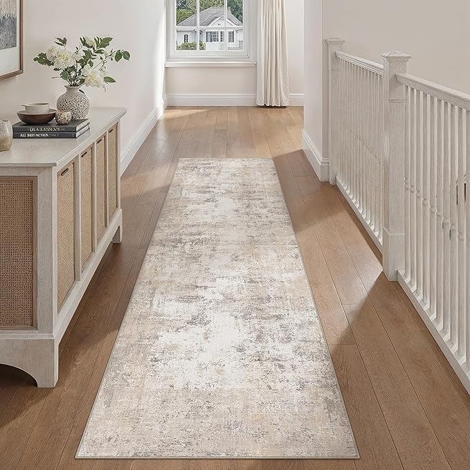2x8 Washable Runner Rug Beige Grey Abstract Non Slip Soft Low Pile Hallway Kitchen Rug Neutral Modern Carpet for Laundry Bathroom Bedroom Living Room Home Decor